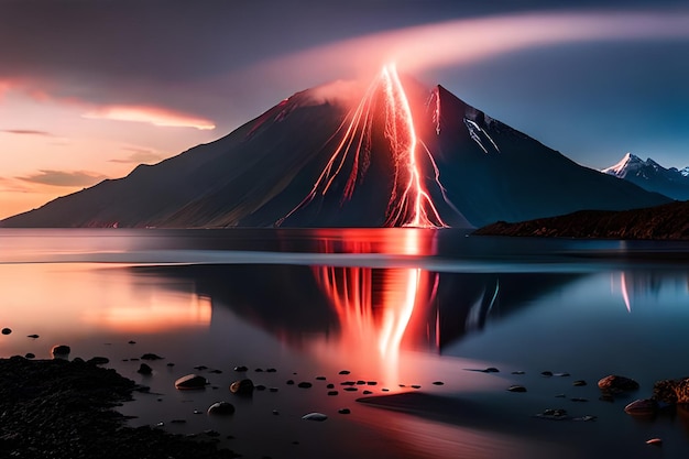 Volcan frappé par la foudre du ciel généré par l'IA