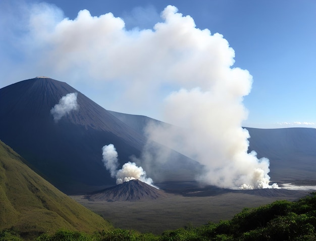 Un volcan avec de la fumée qui en sort