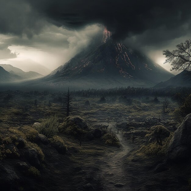 Le volcan géant du mont Doom avec la lave qui coule