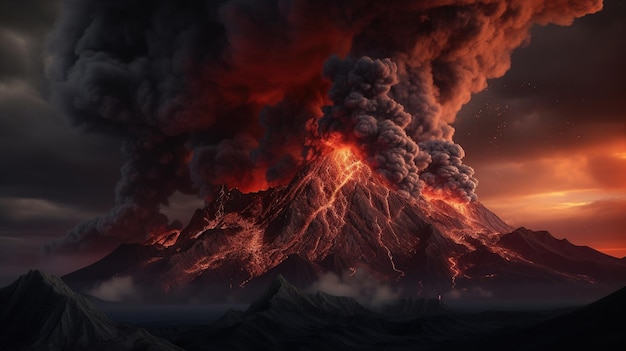 Un volcan avec une lueur rouge et un contour noir.