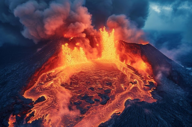 Un volcan puissant et dynamique en éruption avec des courants de lave brûlante s'écoulant de son cratère ardent une éruption volcanique ardente avec de la fumée et de la lave tourbillonnante générée par l'IA