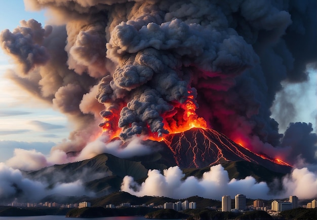 Photo un volcan se réveille, de la fumée s'élève dans le ciel, de la lave rougeâtre descend de la montagne.