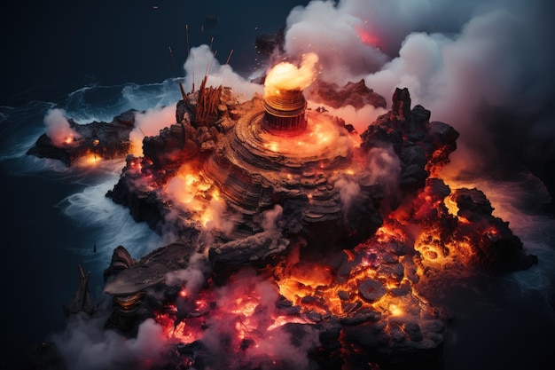 Un volcan sous-marin crée des îles volcaniques en haute mer.