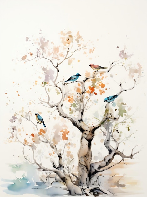 une volée d'oiseaux perchés sur un arbre et peints sur du papier toilé capturé dans la douceur de Quentin Blake