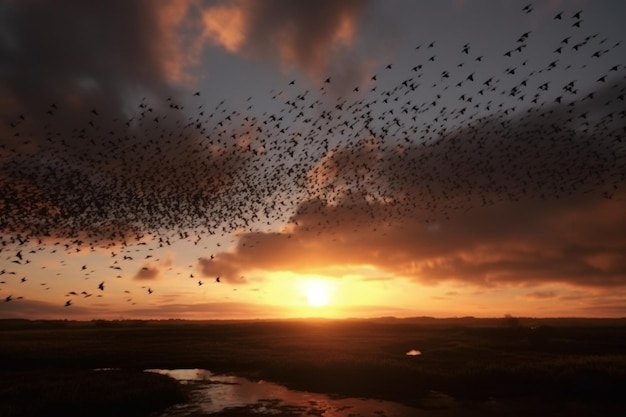 Une volée d'oiseaux survole une plage au coucher du soleil.