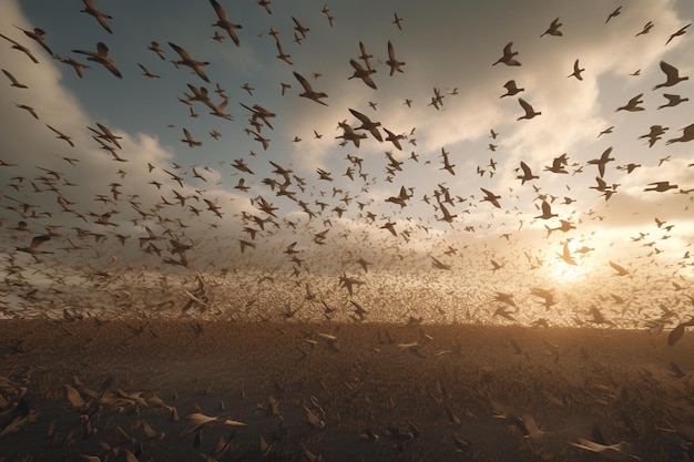 Une volée d'oiseaux survole une plage au coucher du soleil.