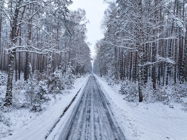 Voler au-dessus de la route goudronnée et de la forêt enneigée en hiver Pologne