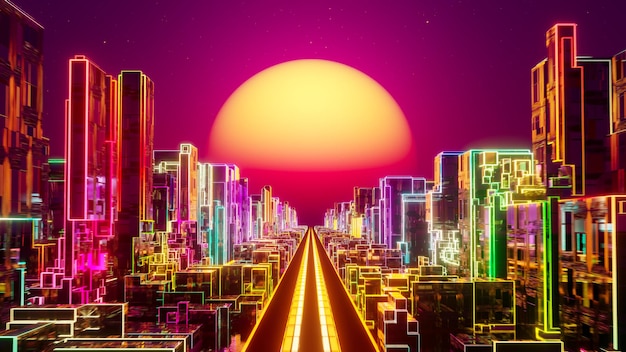 Voler au-dessus de la ville de néon au coucher du soleil illustration de rendu 3D