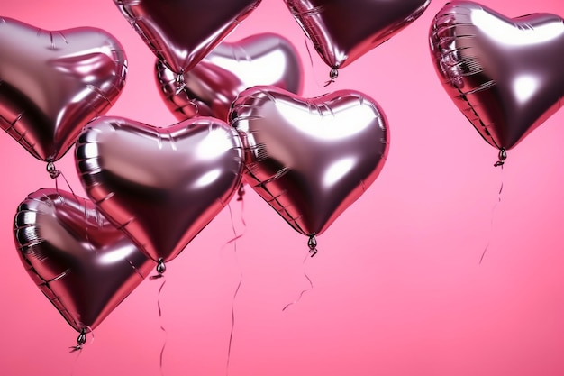 Voler des ballons de coeur en aluminium brillant fond rose AI génératif