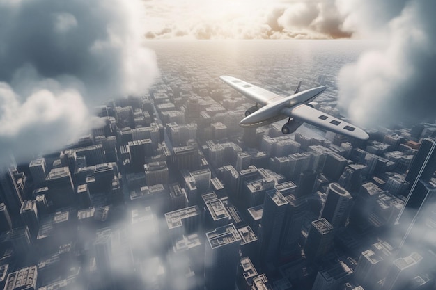 Voler haut Avion planant au-dessus d'une métropole animée
