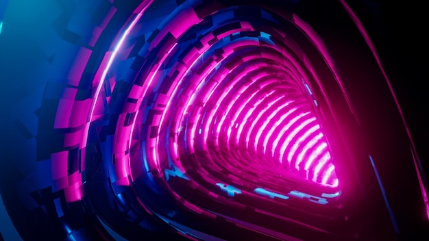 Voler à l'intérieur d'un tunnel bleu avec une lueur rouge illustration de rendu 3D