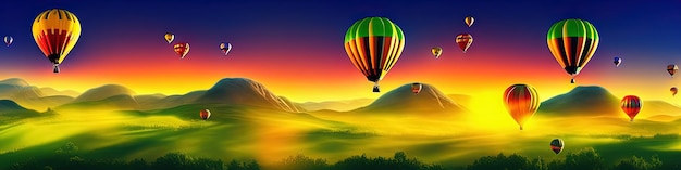 Voler des montgolfières survoler un paysage de montagne avec des prairies vertes et des champs dans la vallée Vector cartoon