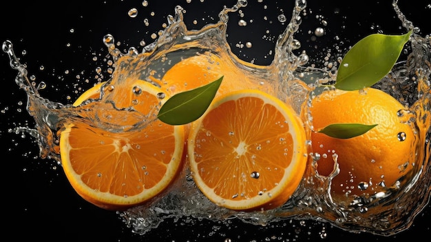 voler orange frais éclaboussé d'eau sur fond noir et flou