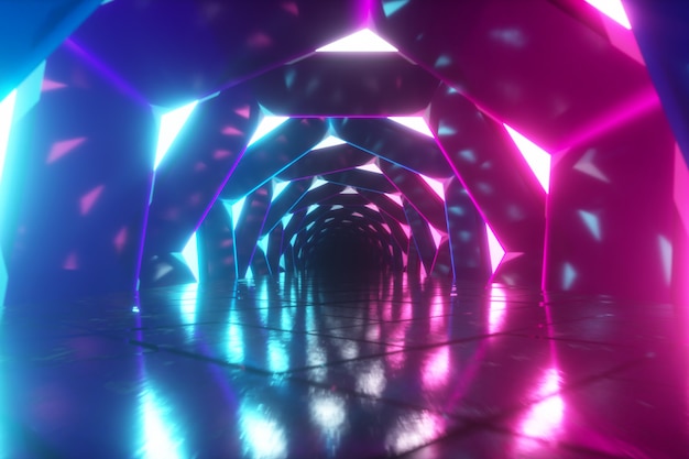 Voler à travers un couloir lumineux néon d'hexagones tourbillonnants