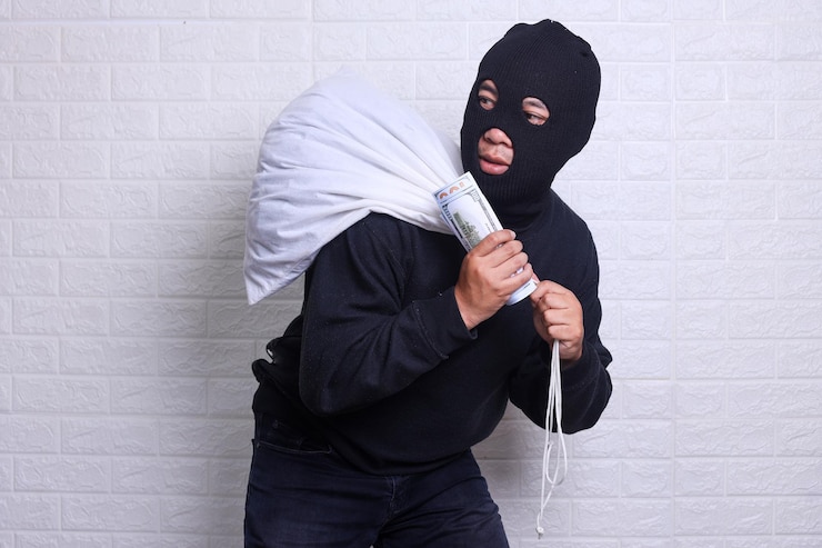 Photo un voleur a cambriolé une banque et porte un sac plein d'argent sur un fond blanc.