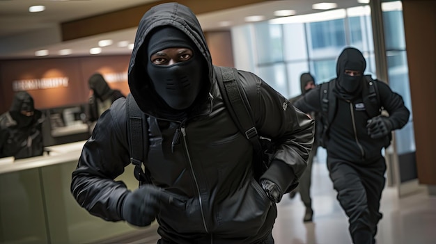 Un voleur en capuche noire et masqué braque une banque avec le gang en fuite.