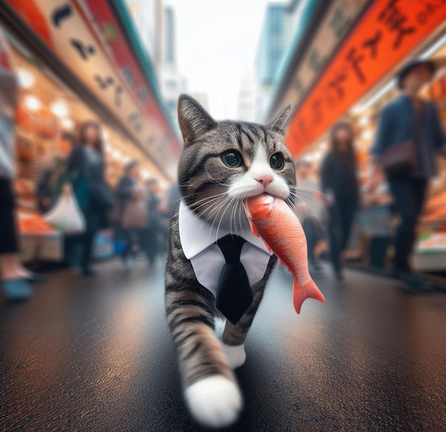 Un voleur de chat drôle porte une casquette et des lunettes de soleil et s'échappe en courant du marché avec du saumon grillé volé.