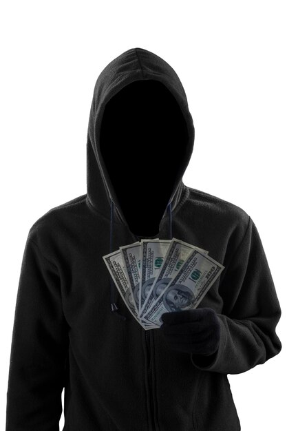 Photo un voleur mystérieux avec des dollars en espèces.