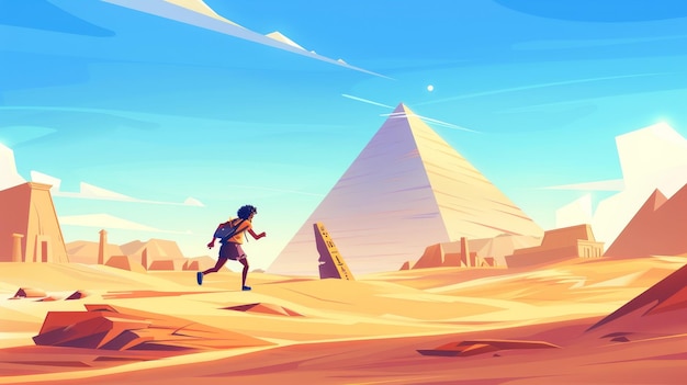 Photo le voleur s'échappe de la pyramide et s'écrase contre un vieil obélisque illustration avec paysage désertique égyptien tombeau de pharaon touristes archéologues et personnage avec des bijoux volés