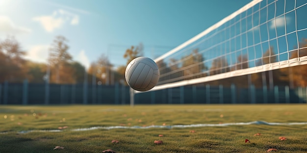 Un volley-ball dynamique en action filmé sur le filet par une journée ensoleillée sur le thème des sports et des loisirs en plein air capturé par temps clair par l'IA