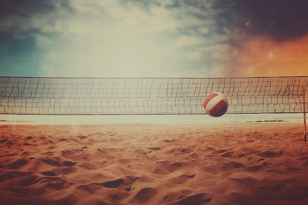 Un volley-ball repose sur le sable de la plage sous un fond de ciel coucher de soleil