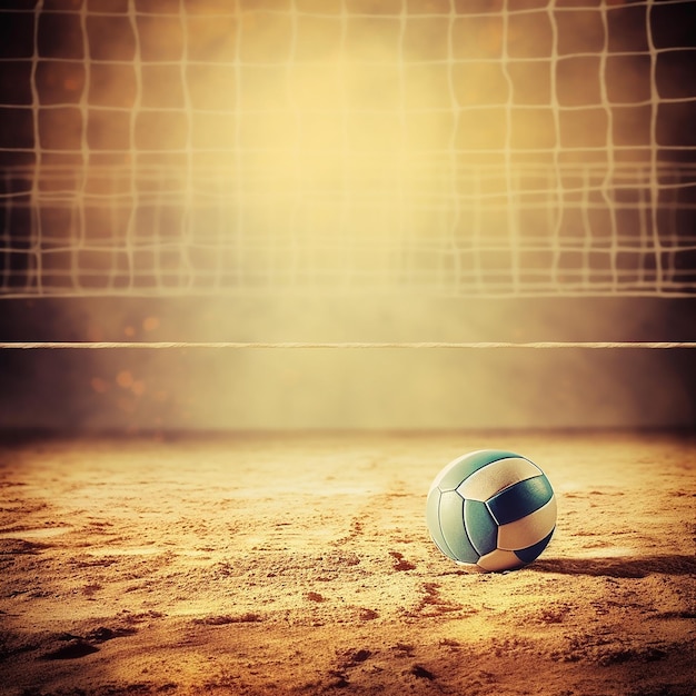 Un volley-ball repose sur le sable de la plage sous un fond de ciel coucher de soleil