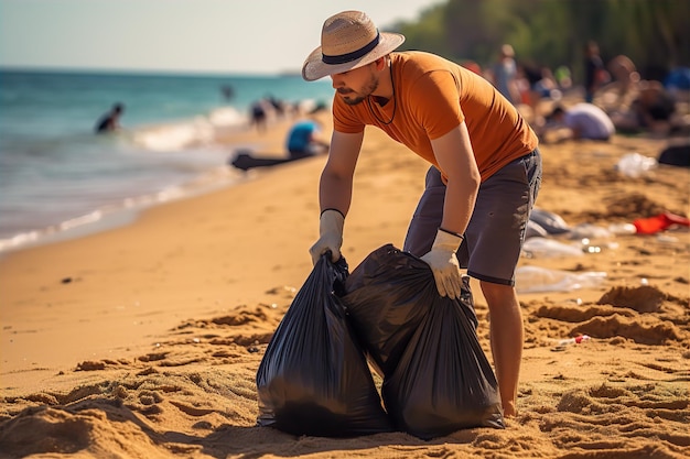 Volontaire de la conservation de l'environnement nettoyant une belle plage