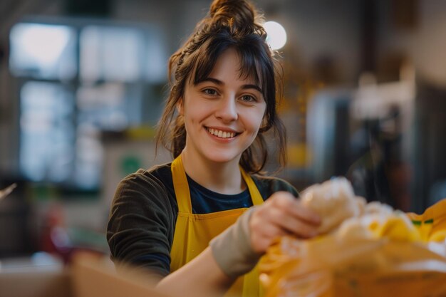 Une volontaire joyeuse prépare de la nourriture pour une cause