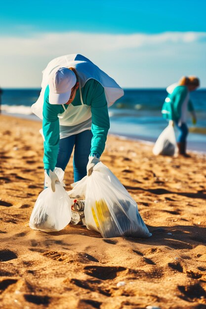 Photo volontaire avec des sacs à ordures nettoyant la plage concept de protection de l'environnement