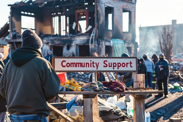 Photo volontaire à un stand de dons avec un panneau de soutien communautaire après un incendie