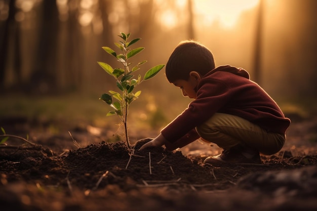 des volontaires plantent un arbre dans la forêt AI Generative