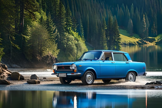 Une volvo 500 bleue est garée devant un lac.