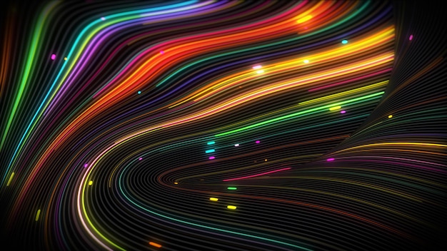 Un vortex lumineux en spirale de rendu 3D s'écoule de lumière sur une surface avec des lignes. Arrière-plans décoratifs colorés pour présentations, vacances, tournage. Modèle de conception de couverture, mise en page de flyer d'entreprise, papier peint