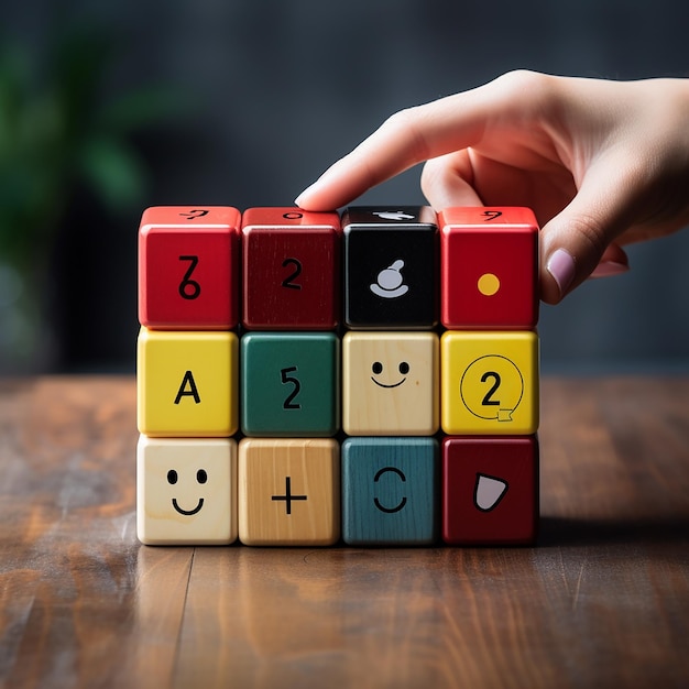 Vote à la main avec une icône d'émoticône de visage souriant heureux sur un cube en bois