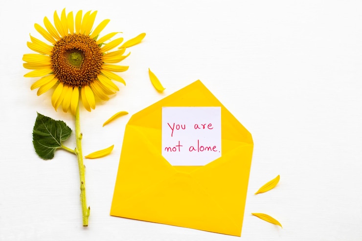 Photo vous n'êtes pas seul écriture de carte de message dans une enveloppe avec des tournesols