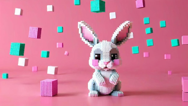 un voxel rose d'art de lapin dans les animaux sauvages fait de cubes 3D illustration voxel style Minecraft