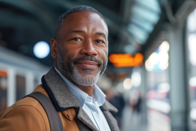 Voyage d'affaires confiant mature beau homme afro-américain debout à la gare moderne