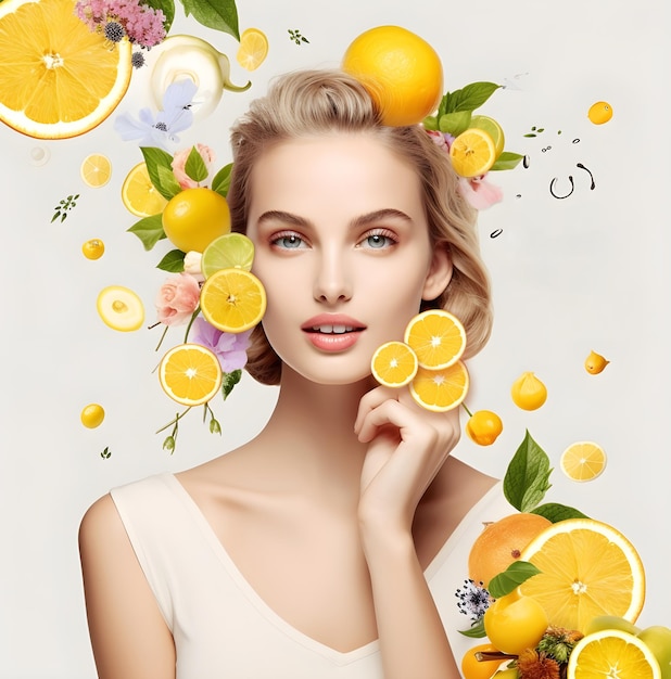 Voyage d'amélioration de la peau d'une femme glamour fructueuse avec des fruits