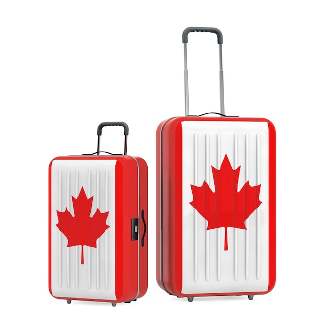 Voyage au Canada Concep. Valise avec drapeau du Canada sur fond blanc. Rendu 3D