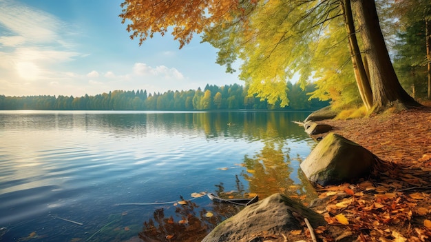 Voyage au paysage vert du lac d'automne