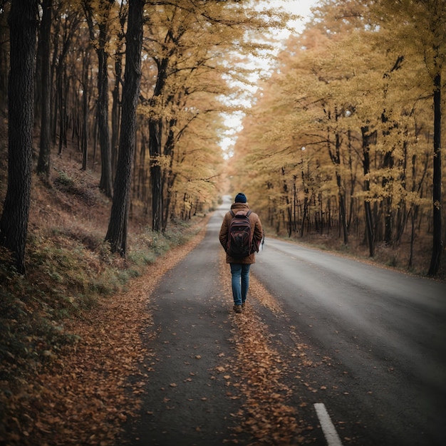 Voyage d'automne Une personne sur une route d'automne