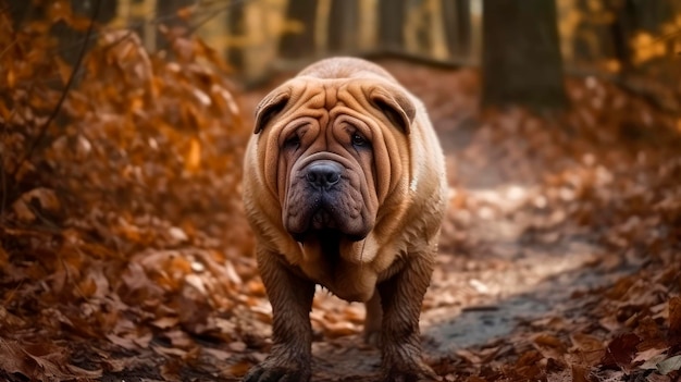 Voyage d'automne de Shar Pei Explorer la beauté automnale avec un compagnon canin boueux AI Generative