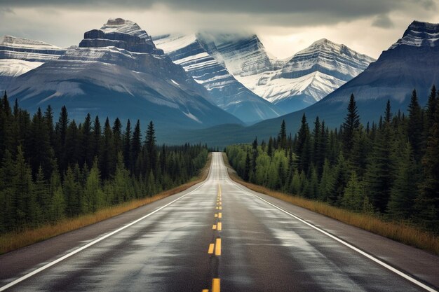 Photo voyage sur l'autoroute entre la forêt de pins conduisant directement vers les montagnes rocheuses dans le parc des champs de glace