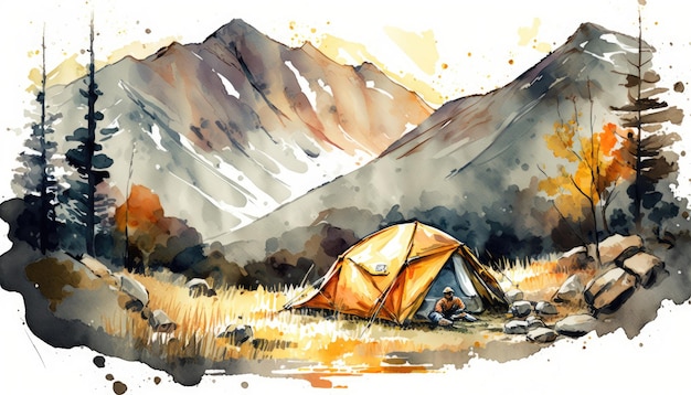 Voyage de camping serein dans les montagnes avec des textures et des couleurs ressemblant à l'aquarelle Generative AI