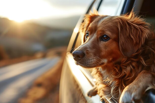 Photo voyage de chien en voiture nova scotia duck tolling retriever appréciant le voyage sur la route