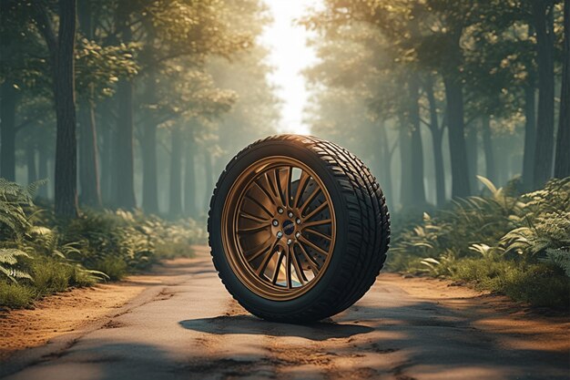 Voyage dans le désert Roue de voiture sur route d'asphalte dans la forêt