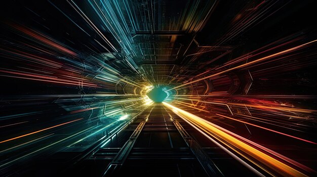 Voyage dans l'hyperspace en zoomant à travers un tunnel rempli de lumières au néon orange et bleu AI Contenu généré