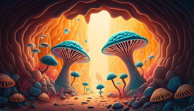 Voyage dans un pays magique aux champignons colorés et cristaux ai génératifs