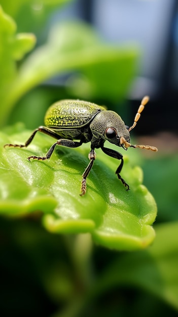 Photo voyage du weevil rampant sur une feuille avec une antenne