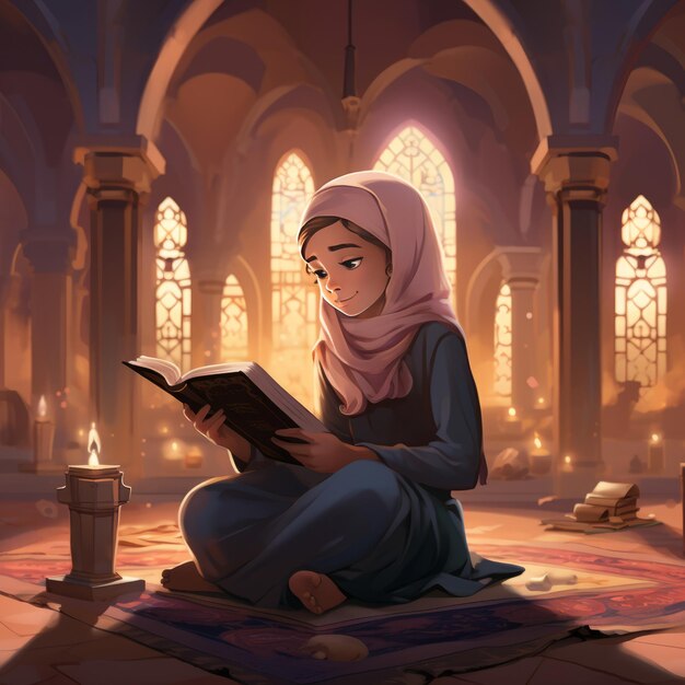 Le voyage éclairé Une caricature captivante d'une jeune fille musulmane engloutie dans le Coran
